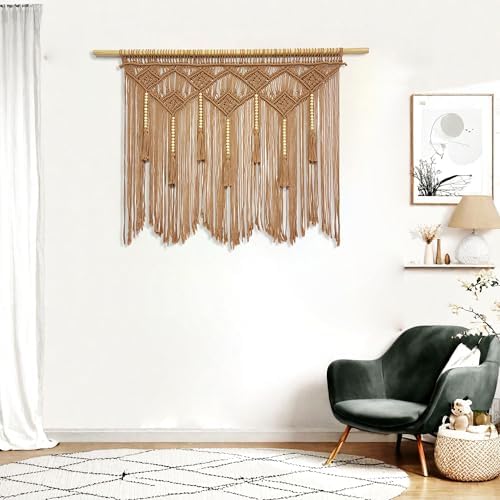 Youngeast Large Macrame Wall Hanging Boho Woven Tapestry Bohemian Macrame Wall Decor Handmade Tassel Tapestry Home Decoration for Bedroom Living Room 39"X31" (Wood Dowels Not Included) (Khaki) - Image 3