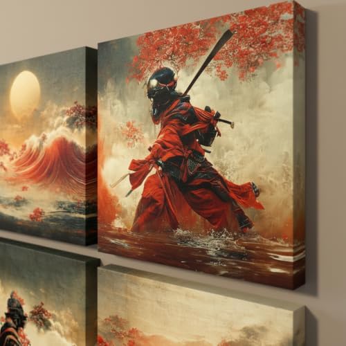 4-Piece Vintage Japanese Samurai Wall Art Canvas Prints, Framed 12x12 Inch - Image 2