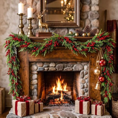 6FT Norfolk Pine Christmas Garland with Red Berries, Realistic Artificial Cedar for Holiday Mantel, Table, Fireplace, Indoor Porch Xmas Decor - Image 2