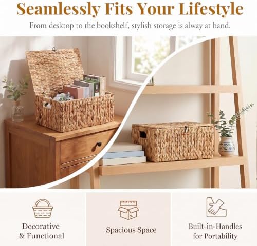 Hipiwe Wicker Basket with Lid, Large Water Hyacinth Wicker Storage Baskets - Image 4