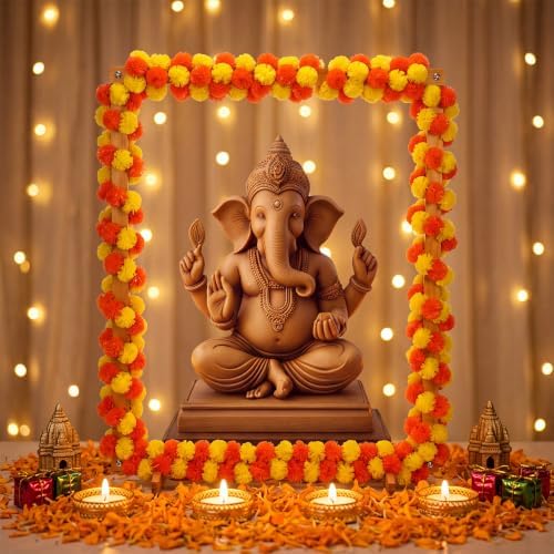 Wooden Ganpati Decoration Mandap Stand with Artificial Marigold Garlands - Image 5