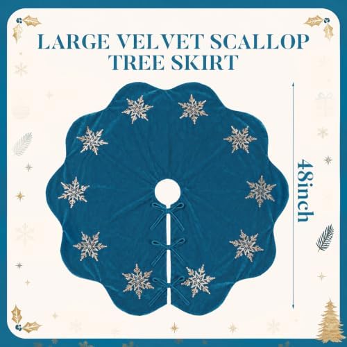 Hollowfly Peacock Blue Velvet Christmas Tree Skirt, Sequin Snowflake 48'' - Image 2