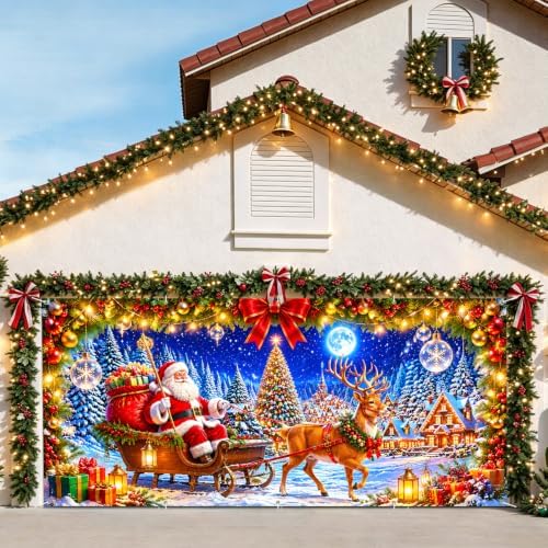 7x16FT Merry Chrismas Garage Door Banner Gingerbread Deer Snowman Santa Claus Winter Garage Door Cover Decoration for Chrismas Outdoor Decoration - Image 2