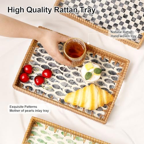 Rectangle Rattan Tray with Mother of Pearl Inlay, Rattan Serving Tray with Handle for Coffee, Bread, Fruits, Snacks, Decorative Wicker Tray for Table Decor (Rectangle Black Fish, 13"×9") - Image 4