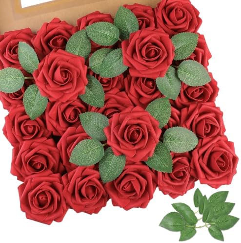 AmyHomie Red Rose 100pcs Real Looking Artificial Flowers w/Stem by AmyHomie