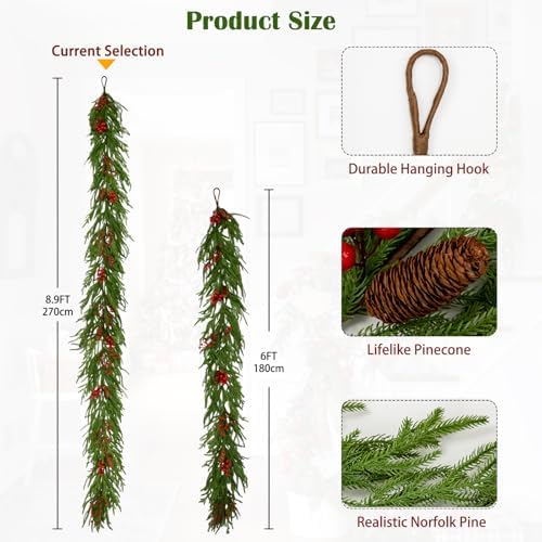 Hollyone 9FT Norfolk Pine Garland Real Touch Winter Pine Garland with Red Berry Christmas Garlands Artificial Greenery for Table Mantle Wall Indoor Outdoor Mantle Holiday Christmas Home Decor - Image 2