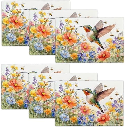 Hummingbird Flower Spring Placemats Set of 6, 12x18 Inch Country Bird Summer Table Place Mat Rustic Washable Non-Slip Heat Resistant Fabric Placement Mats for Dining Kitchen Indoor Outdoor Decor by UIAMT