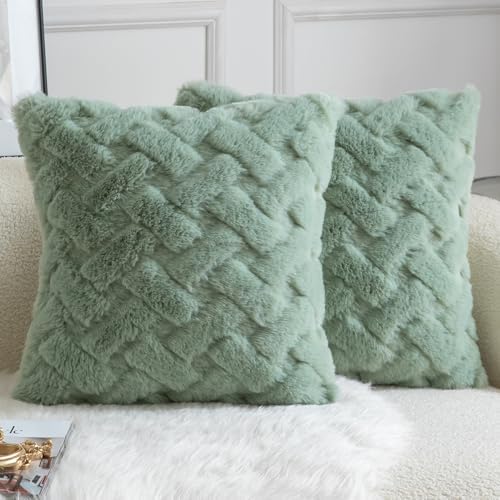 Yaertun Set of 2 Decorative Throw Pillow Covers Thick Plush Wool Throw Pillows Super Soft Luxury Faux Rabbit Fur Velvet Cushion Covers for Couch Sofa Bed Living Room 26x26 Inch Sage Green by YAERTUN