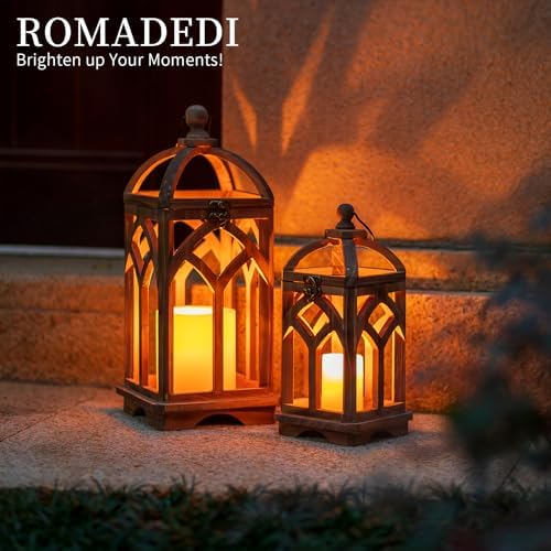 Romadedi Farmhouse Wood Candle Lantern Decorative 12"/16", Set of 2, Brown - Image 6