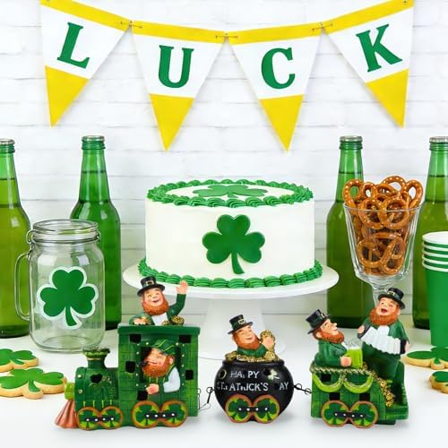 YIYA 3 Pcs Ireland St Patricks Day Decorations Train Figurine with Lighted Leprechaun Irish Resin Tabletop Centerpiece Decor for Home Tiered Tray Decor - Image 6