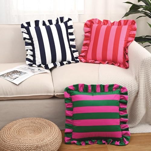 vctops Ruffle Square Throw Pillow Covers Boho Pink and Red Striped Decorative Pillowcases Set of 2, Soft Velvet Accent Cushion Cover Cases for Sofa Bed Living Room Decor (Pink,24"x24") - Image 5