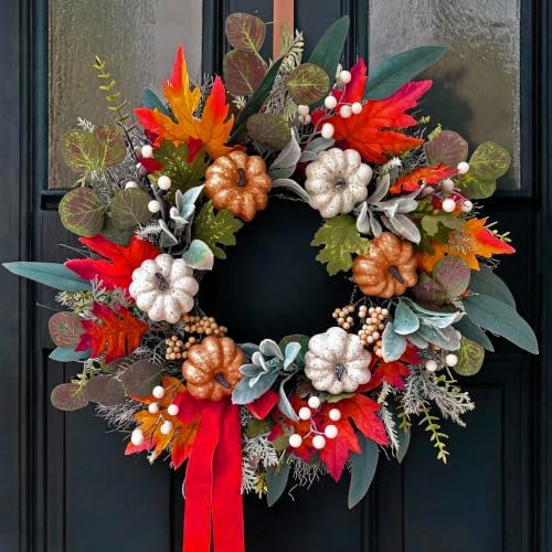 Fall Front Door Wreaths with Ribbon, 24 Inch Pumpkin Autumn Wreath by IVKHE%E4%B8%A8PremiumHomeDecor