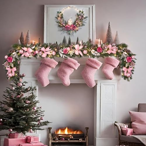 6 feet Christmas Pink Garland for Front Door with 30 LED Lights,Festive Lighted Holiday Decor,prelit Mantel Garland withTimer,Stair and Fireplace Pink Rose Decoration for Christmas and Wedding - Image 4