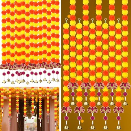 Thiccywoov 10 Pcs 50 Inch Diwali Artificial Marigold Garland with Wooden Lotus Hanging for Decoration Indian Pooja Decor Lotus Flower Decor Ganesh Decorations for Home Wall New Year Gift (Classic) by Jgiusenfg