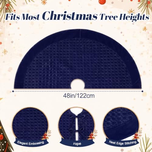 Arrowbash 48 Inch Velvet Christmas Tree Skirt Quilted Tree Skirt, Navy Blue - Image 2