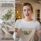 Newwiee Christmas Linen Napkin Set of 4 100% Linen Cloth 20 Inch Christmas Holly Pine Embroidered Napkin Square Dinner Serviette Soft & Durable Holiday Table Decor Xmas Wedding Cocktail Party Supply - Image 4