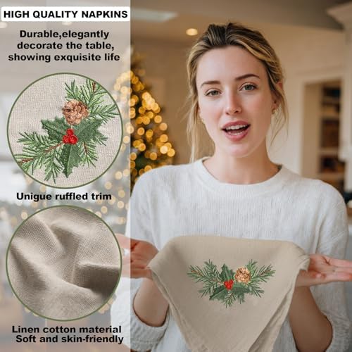 Newwiee Christmas Linen Napkin Set of 4 100% Linen Cloth 20 Inch Christmas Holly Pine Embroidered Napkin Square Dinner Serviette Soft & Durable Holiday Table Decor Xmas Wedding Cocktail Party Supply - Image 4
