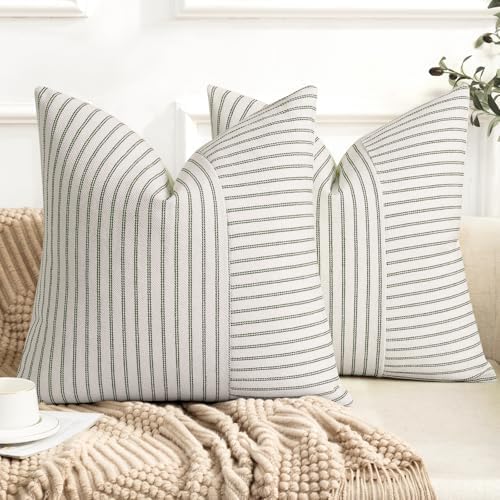 YCOLL Farmhouse Euro Sham Pillow Covers 26x26, Modern Throw Pillow Covers Set of 2, Olive Green and Beige Striped Patchwork Linen Decorative Cushion Covers for Bed Sofa Couch Living Room Home Decor by PillowCoversExpert
