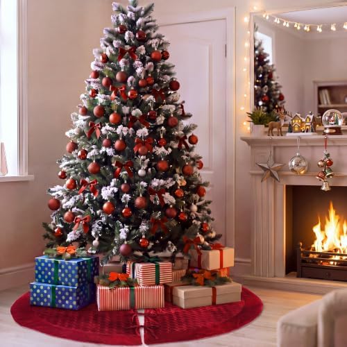 Arrowbash 48 Inch Velvet Christmas Tree Skirt Quilted Tree Skirt, Red - Image 2