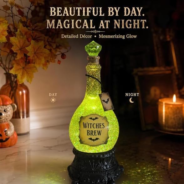 Lighted Witches Brew Poison Bottle Glitter Globe, Green Light Up Halloween Apothecary Decoration with Swirling Glitter Effect Spooky Witchy Tabletop Decor for Mantel Shelf Party Home Office，2Pcs - Image 4