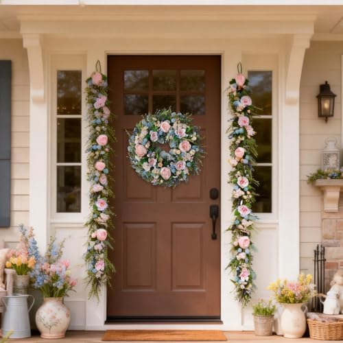 70 Inch Spring Garland, Pink Peony & Blue Daisy Artificial Garlands with Lavender & Eucalyptus,Flower Garland for Wedding Arch Mantel Table Front Door Window Home Decor - Image 5