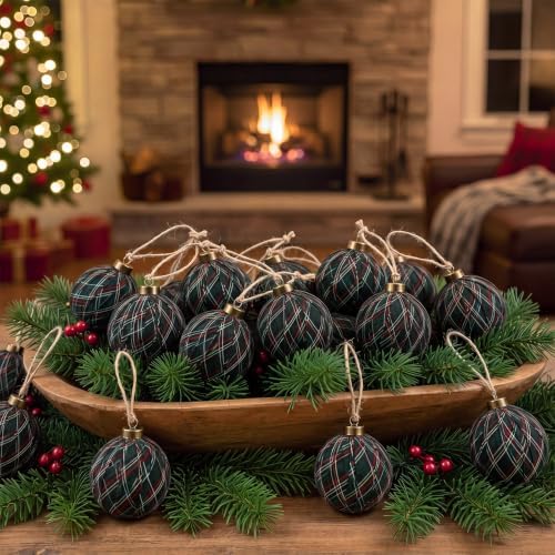 Hollowfly 24 Pcs 2.36 Inch Christmas Tartan Plaid Ball Ornaments Vintage Large Buffalo Plaid Balls Christmas Tree Hanging Ornament Rustic Ball Pendant Hanging Decor for Xmas Tree Party(Green) by Hollowfly