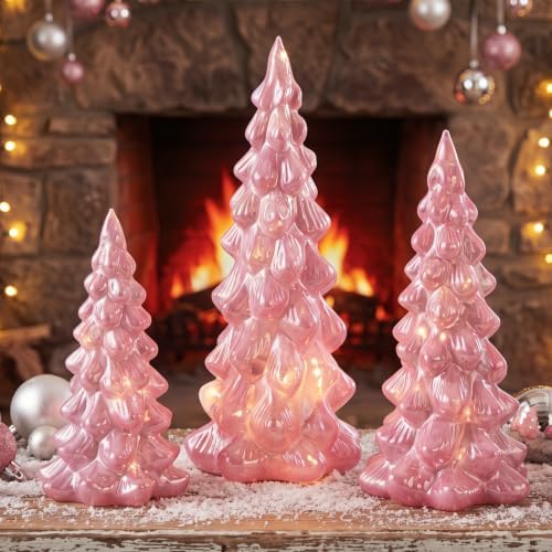 3 Pcs Glass Pink Christmas Trees LED Tabletop Decor by Purpeak