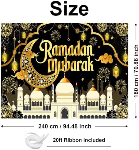 Mocsicka Ramadan Mubarak Decorations Backdrop Blue Gold Muslim Ramadan Kareem Banner Eid Mubarak for Home Muslim Party Supplies (Black, 8x6ft) - Image 5