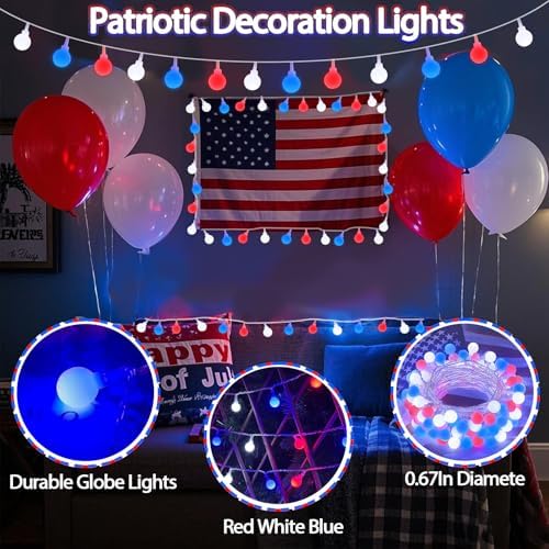 Connectable Red White and Blue String Lights Outdoor Indoor, 42FT 100LED 4th of July Decorations Plug in with Timer, 13 Modes Patriotic Globe Waterproof Fairy Lights for Independence Day Memorial Day - Image 6