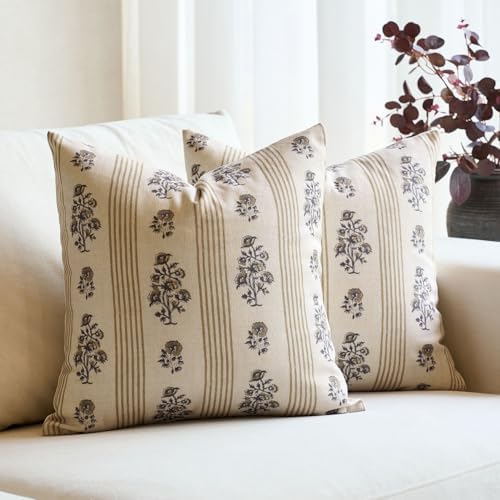 Amor Virisso Floral Throw Pillow Covers 18x18 Set of 2 Block Print Pillow Covers Neutral Floral Striped Farmhouse Decorative Pillow Covers for Sofa Couch Bed, Yellow by AffordableFloralPrintMaker