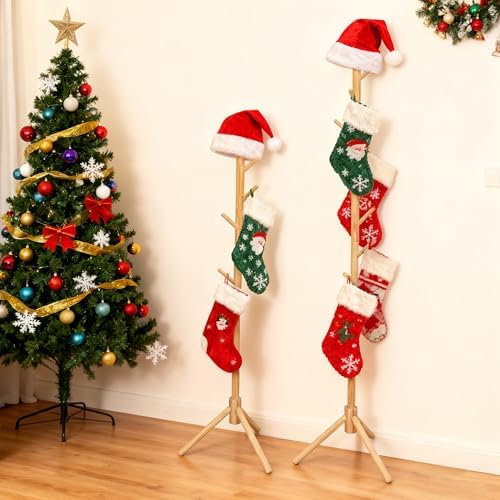 PURPLE STAR 1N 2 Set Christmas Wooden Stocking Holder Stand, Rustic Freestanding Xmas Stockings Hanger Rack, Christmas Stocking Tree Stand Rack for Holiday Home Living Room Farmhouse Decoration - Image 5