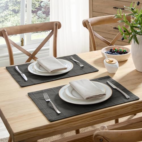 ZeeMart Linen Checked Farmhouse Placemats Set of 6, Charcoal 13x19in - Image 2