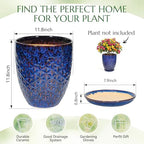 11.8 Inch Flower Pots for Indoor Plants,Ceramic Planter with Saucer Drainage Leak-Proof Mesh Gardening Gloves (Peacock-Blue) - Image 6