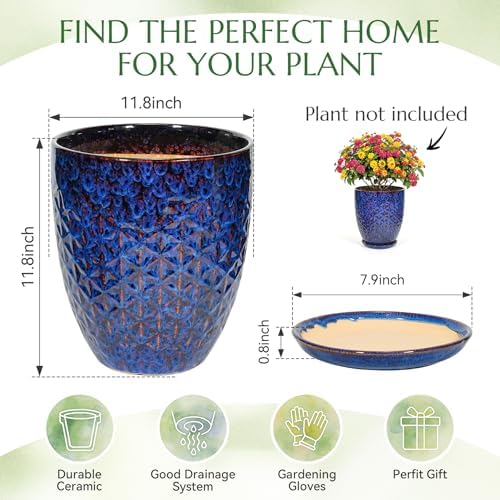 11.8 Inch Flower Pots for Indoor Plants,Ceramic Planter with Saucer Drainage Leak-Proof Mesh Gardening Gloves (Peacock-Blue) - Image 6