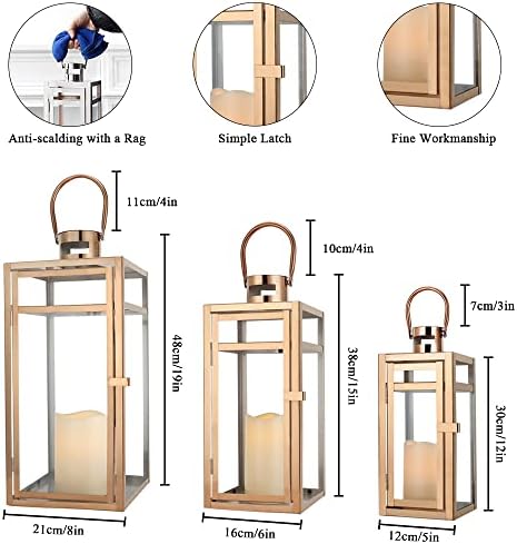 TRIROCKS Set of 3 Stainless Steel Candle Lantern 19/15/12'' High Metal Candle Holder with Tempered Glass Panels Perfect for Home Decor Living Room Parties Events Tabletop Indoors Outdoors (Rose Gold) - Image 6