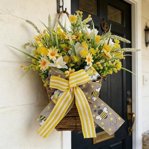 White Tulip Door Hanger Basket Wreath for Front Door,Artificial Tulip Flower Wreaths Hanging Decor with Woven Basket,Spring Summer Baskets Wreath for Wall Window Holiday by Unknown