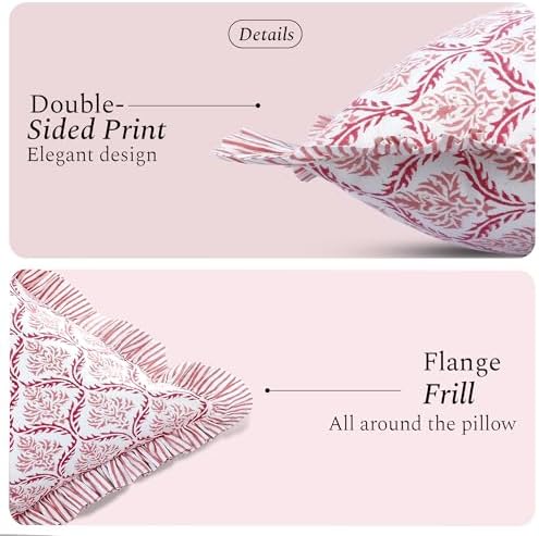 CPC Blush Rose Hand Block Print 100% Cotton Ruffle Throw Pillow Cover 24x24 inch with Hidden Zipper Decorative for Couch, Bed, Sofa, Farmhouse, Cottagecore Decor Gift Christmas Fall Thanksgiving - Image 2