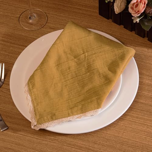 FINGERCRAFT Lace Cloth Napkin, Cotton Gauze, Set of 12, 20x20 in,Gold - Image 5