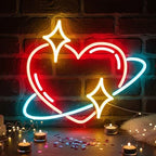 Heart Planet Neon Sign, 12.6" x 10.8" LED Love Heart & Star Ring Wall Light by DUOLIYBC