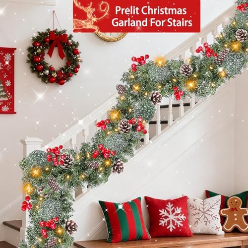 [ Timer & 8 Modes ] 9 Ft by 10 Inch 50 LED Prelit Christmas Garland Decorations Warm White Lights Thick 270 Snowy Tips 70 Red Berry 10 Pinecone Xmas Decor Garland Indoor - Image 6