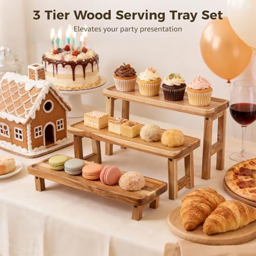 3 Tier Wood Serving Tray Set, 16.9 Inch Foldable Dessert Display & Cupcake Stand, Sturdy Charcuterie Boards Rustic Wood Platters Set for Birthday, Wedding, Christmas, Party Decorations & Home Use - Image 3