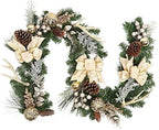 Christmas Garland with Lights, Champagne Gold 6FT 20LED Pre-Lit Christmas Garland with Ball Ornaments, Ribbons, Pine Cones and Artificial Antlers for Door Mantle Stairs Christmas Decoration by Adeeing