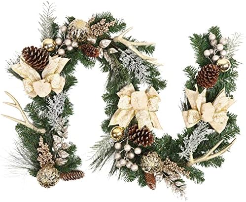 Christmas Garland with Lights, Champagne Gold 6FT 20LED Pre-Lit Christmas Garland with Ball Ornaments, Ribbons, Pine Cones and Artificial Antlers for Door Mantle Stairs Christmas Decoration by Adeeing