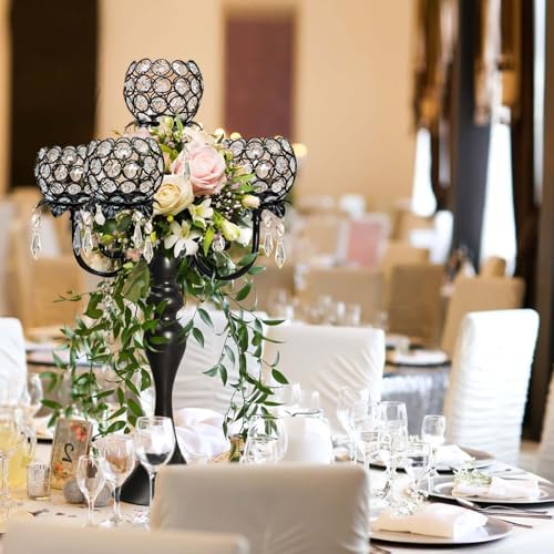 Crystal Tea Light Candle Holders Set - 14" L x 22.5" H Matte Black Metal & Sparkling Accents, Wedding & Party Centerpiece Decor(2, Black) - Image 5