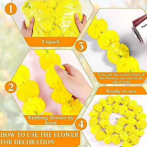 Tigeen 24 Pcs Faux Marigold Flowers Garland 5 Ft Strands,Yellow - Image 3