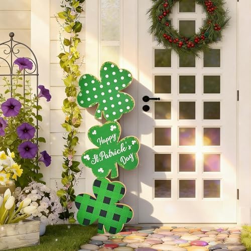 35 Inch St. Patrick’s Day Large Wooden Porch Sign, Shamrock Standing Decor with Rope, Rustic Clover Wood Welcome Sign for Outdoor Indoor Porch Entryway Farmhouse Holiday Decoration by WelcometoLawnIdyll