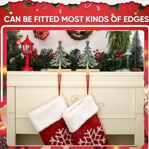 Christmas Stocking Holders for Mantle Glitter Green Xmas Tree Antique Gold Stocking Holder for Fireplace Xmas Stocking Hooks Weighted Hangers Holiday Christmas Decorations Supplies (Antique Tree) - Image 5