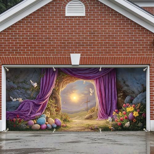 6x13 FT Easter Resurrection Garage Door Banner -Cross & Sunrise Scene with Purple Curtain,Large Indoor Outdoor Garage Door Cover, Holiday Decoration for Home, Yard, Church Event by FOREVERQUEEN