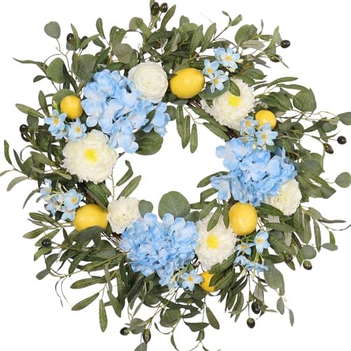 22 Inch Lemon Wreath for Front Door, UV Resistant Blue Hydrangea Olive Branch Floral, Waterproof Spring Summer Wreath by Unknown