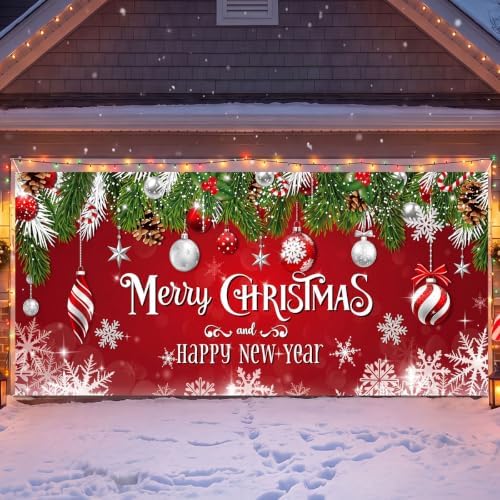 WovWeave 7 x 16 Ft Christmas Garage Door Cover, Happy New Year Red Ornament - Image 4